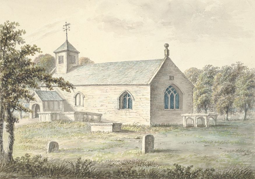 A watercolour of a small country church with a bell-cote among trees, dated 1795.