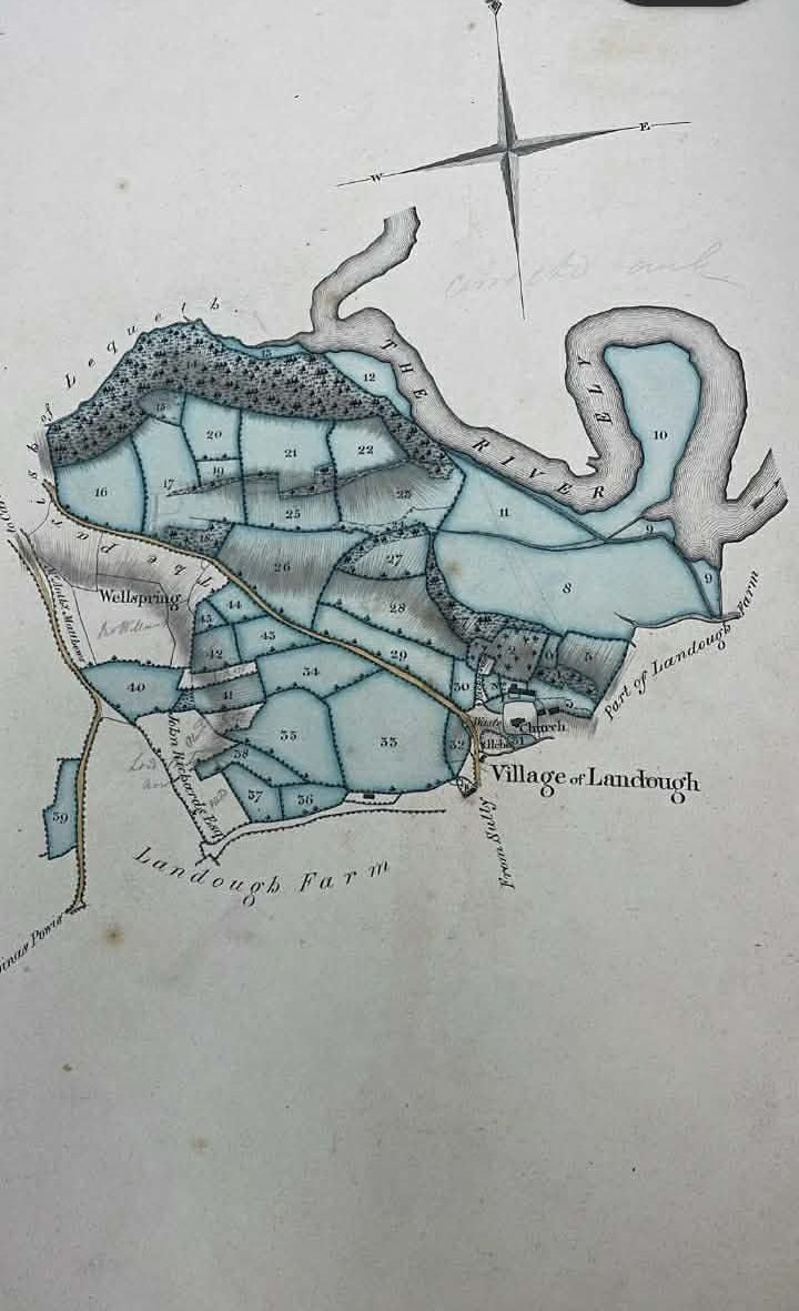 A coloured estate plan of fields with a river along one edge, titled Cedfin or Ty Mawr Farm.